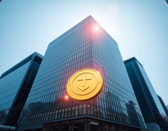 Modern office building in Seoul with holographic Tether logo and gold coin symbol representing trademark filings
