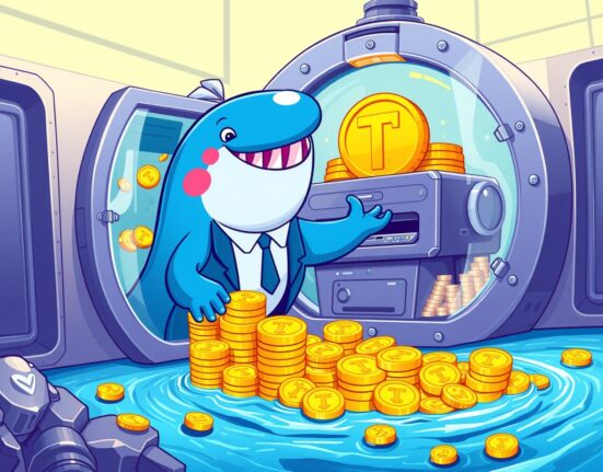 A vibrant cartoon of a whale minting USDT coins in the Tether Treasury, symbolizing massive stablecoin creation.