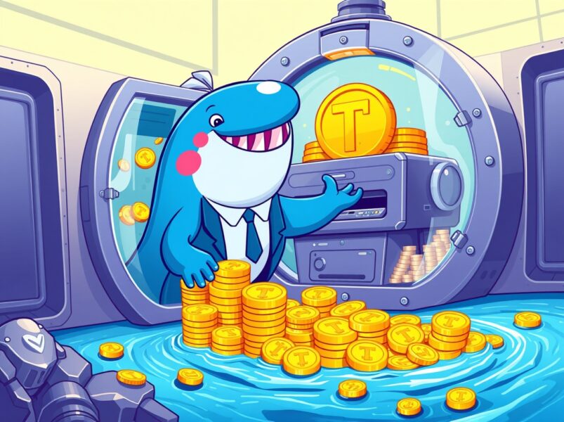 A vibrant cartoon of a whale minting USDT coins in the Tether Treasury, symbolizing massive stablecoin creation.
