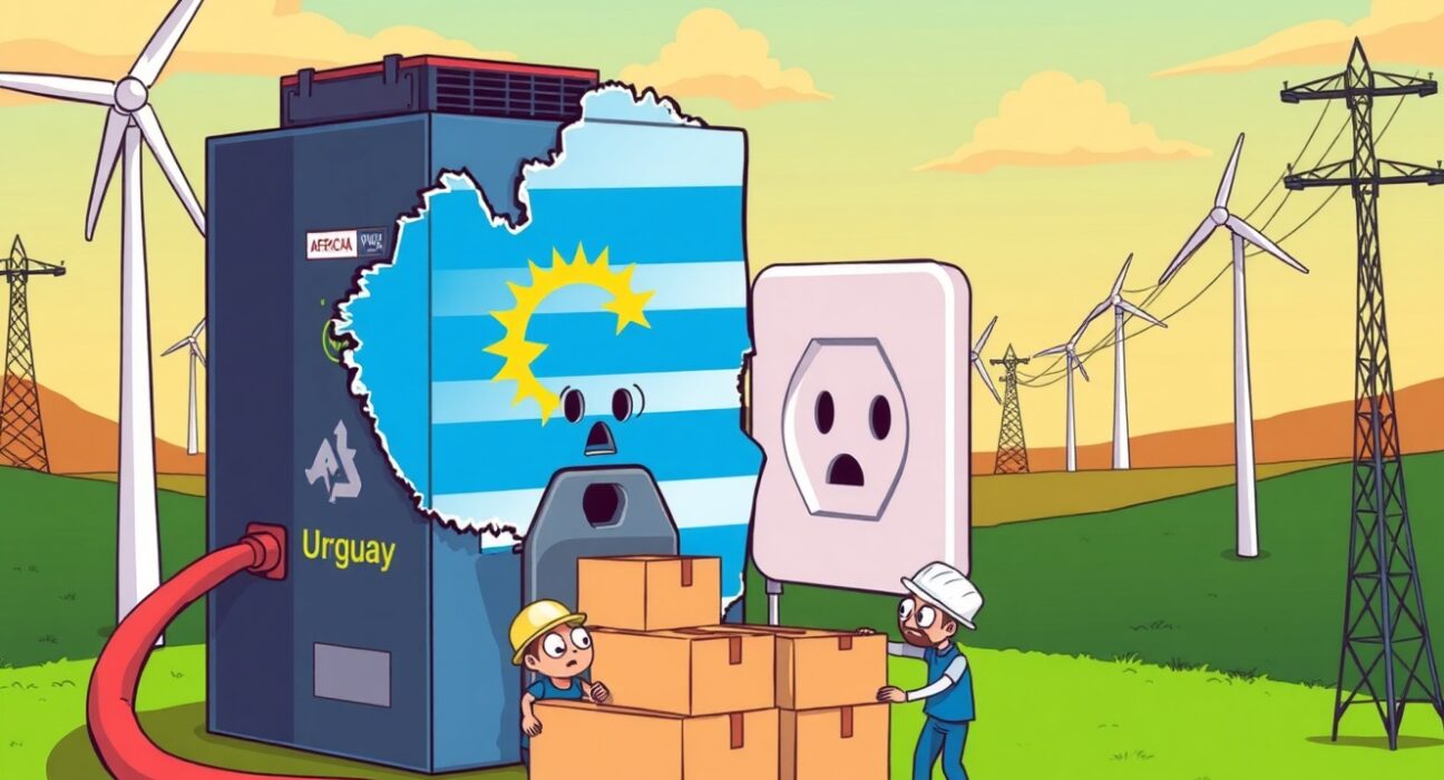 Tether Uruguay mining operation shutdown due to electricity cost disputes in cartoon illustration