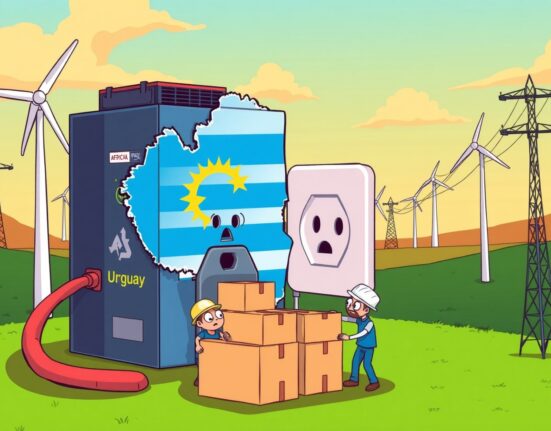 Tether Uruguay mining operation shutdown due to electricity cost disputes in cartoon illustration