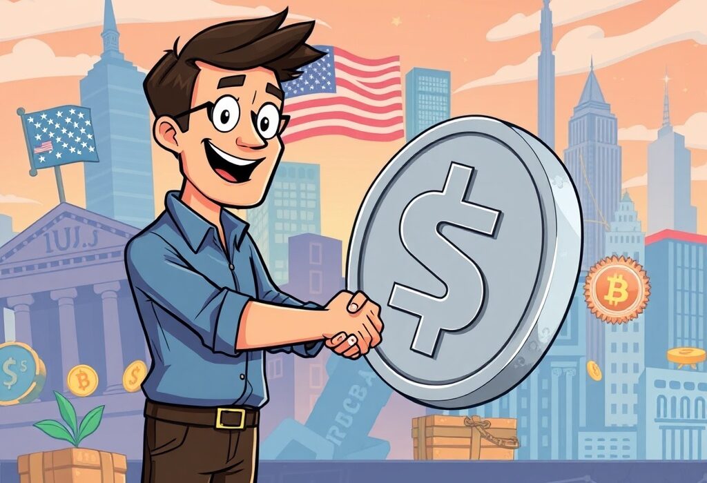 Cartoon illustration depicting a strategic partnership for Tether US expansion.