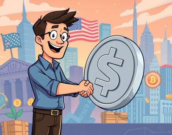 Cartoon illustration depicting a strategic partnership for Tether US expansion.