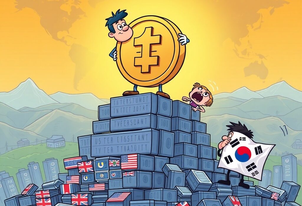 Cartoon showing Tether, a stablecoin, holding a massive amount of US Treasury bonds, signifying its monumental financial influence.