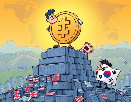 Cartoon showing Tether, a stablecoin, holding a massive amount of US Treasury bonds, signifying its monumental financial influence.
