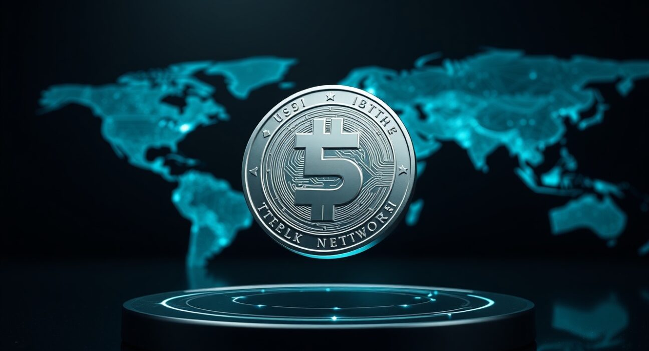 Tether USAT stablecoin coin hovering over a digital representation of the Celo blockchain network.