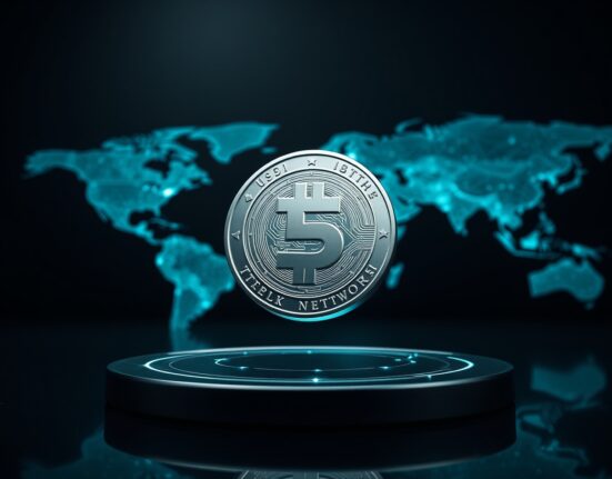 Tether USAT stablecoin coin hovering over a digital representation of the Celo blockchain network.
