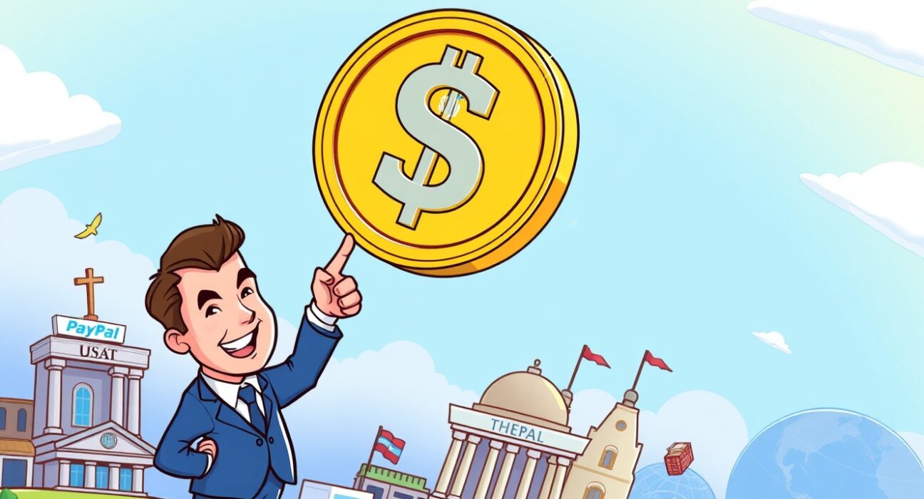 Cartoon illustration depicting Tether USAT, a new stablecoin, as it bridges traditional finance and digital payments, symbolizing the future of digital dollars.