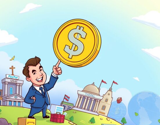 Cartoon illustration depicting Tether USAT, a new stablecoin, as it bridges traditional finance and digital payments, symbolizing the future of digital dollars.