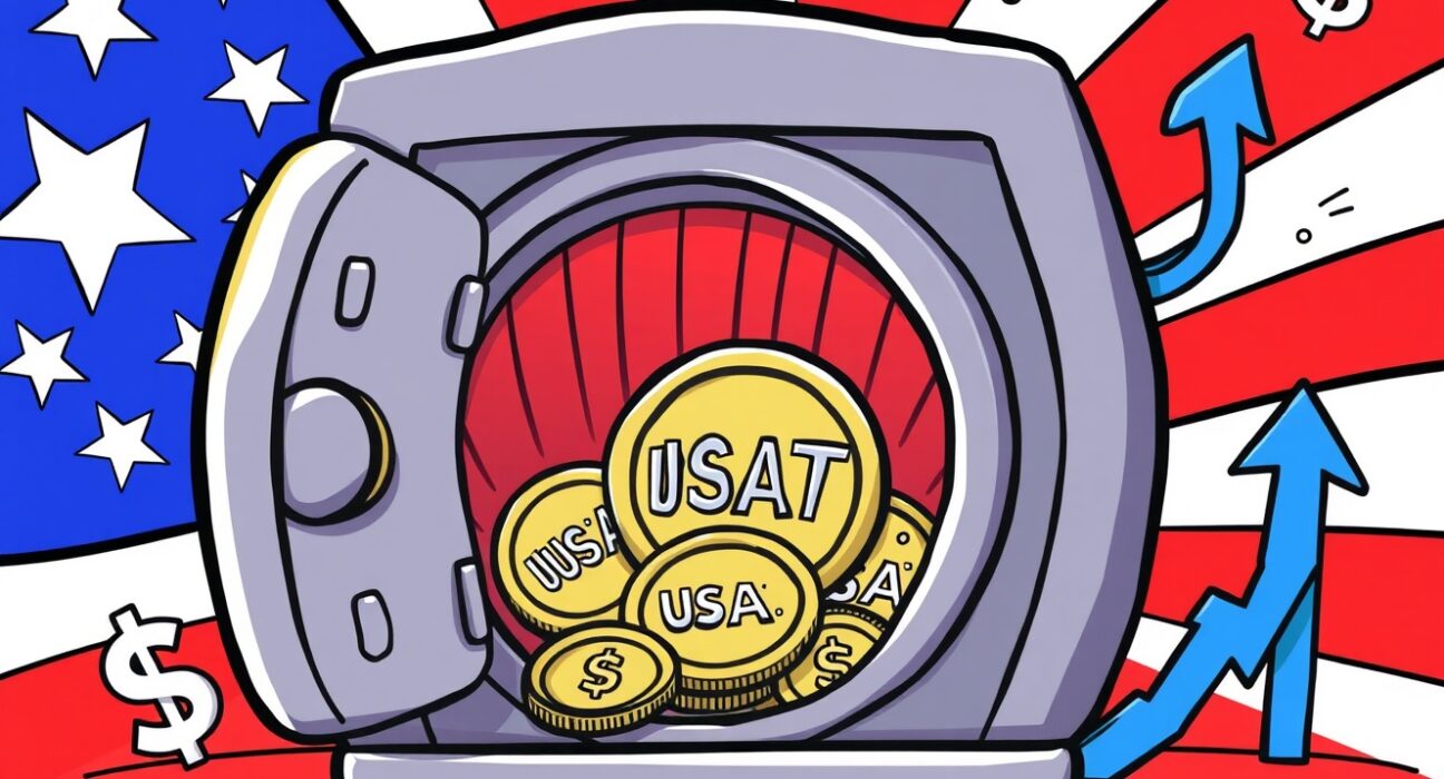 A cartoon illustration showing new investment flowing into the US market for the launch of Tether USAT stablecoin.