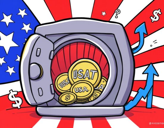 A cartoon illustration showing new investment flowing into the US market for the launch of Tether USAT stablecoin.