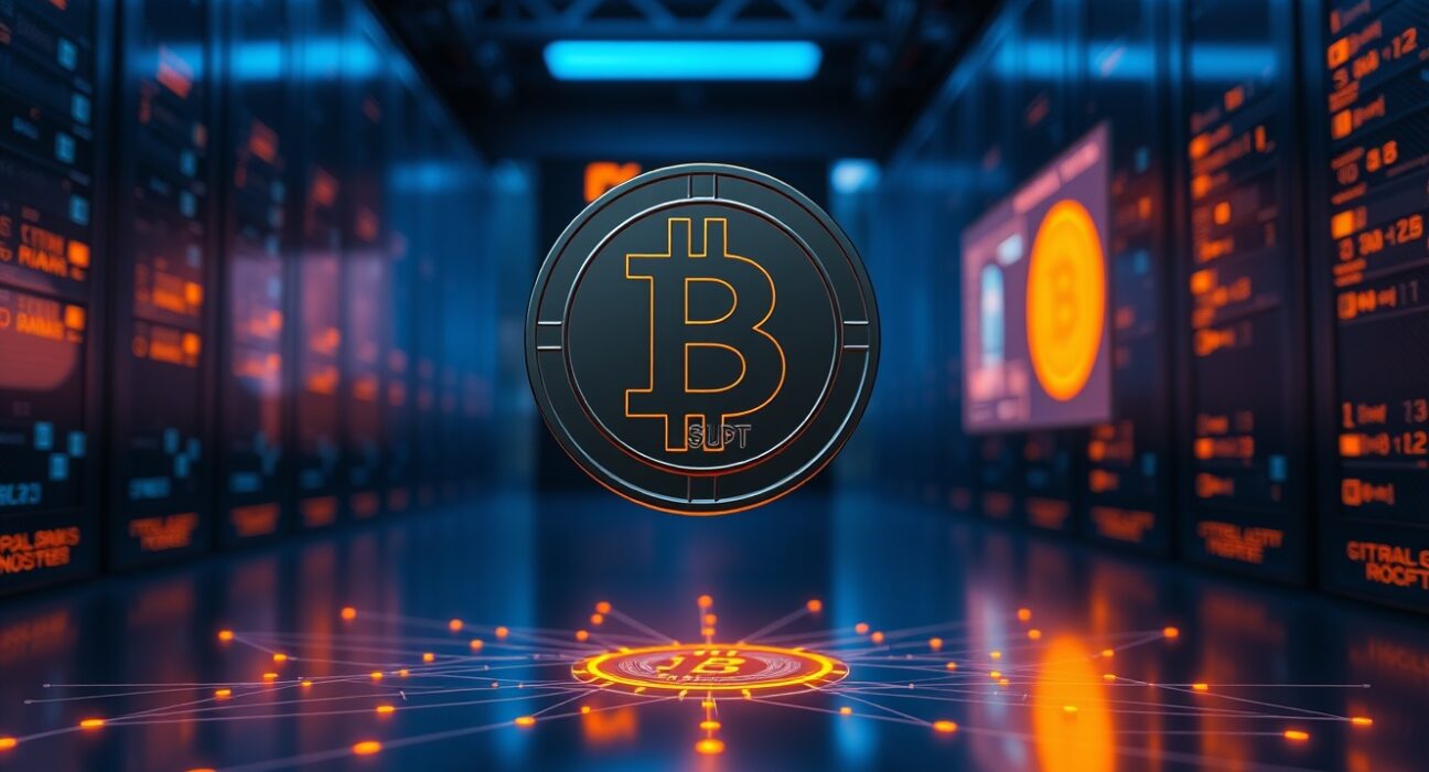 Digital USDT token floating above Bitcoin blockchain network visualization