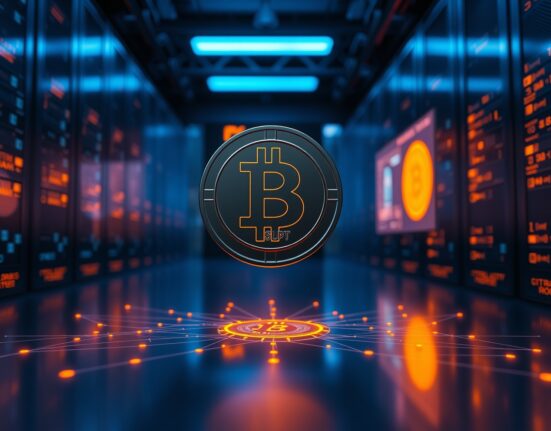 Digital USDT token floating above Bitcoin blockchain network visualization