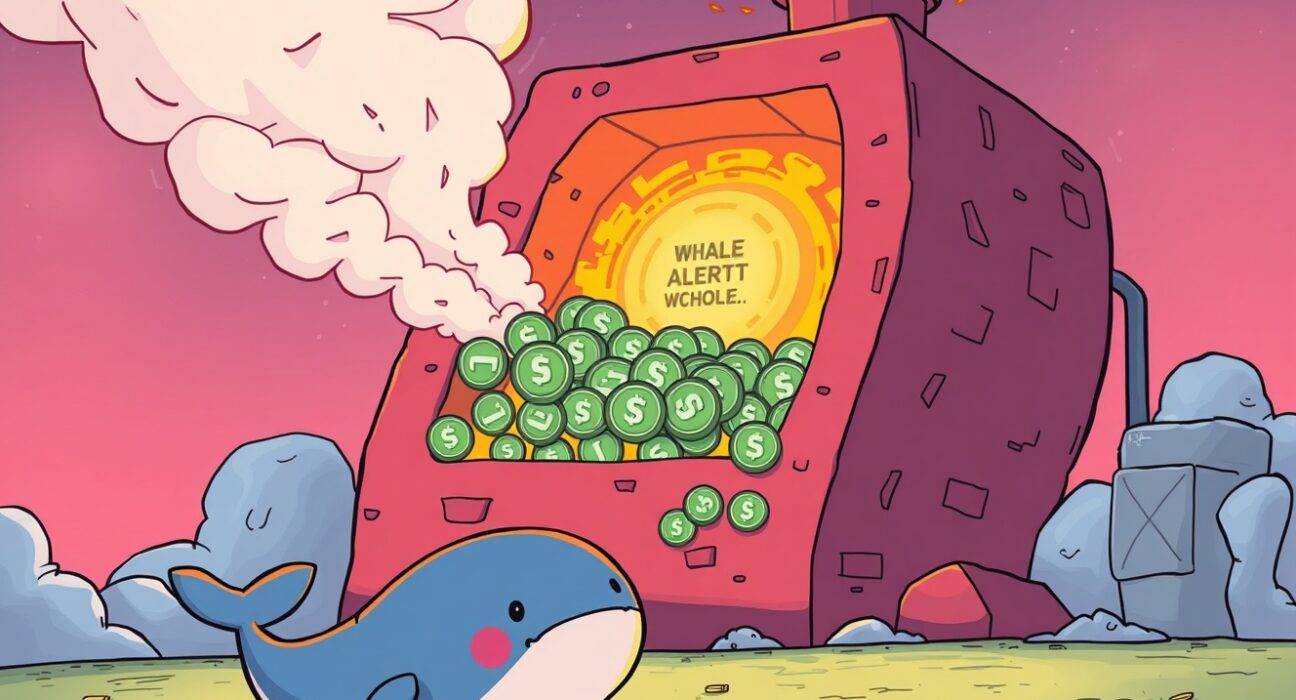 Cartoon whale observes a significant 2 billion Tether USDT burn, illustrating the impact of this major token reduction event.