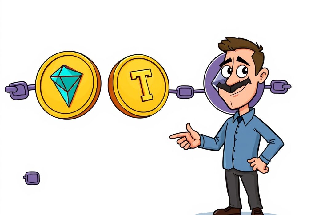 A cartoon illustration showing Tether USDT moving between blockchains, clarifying a chain swap event.
