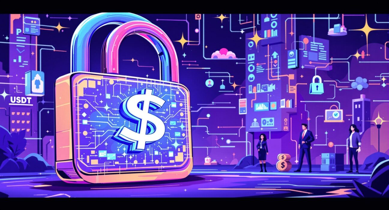 Illustration showing a secure digital lock over frozen funds, symbolizing Tether USDT freeze action against illicit finance.