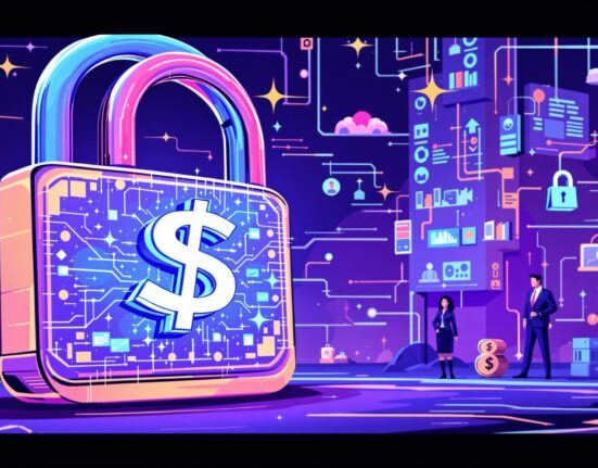 Illustration showing a secure digital lock over frozen funds, symbolizing Tether USDT freeze action against illicit finance.