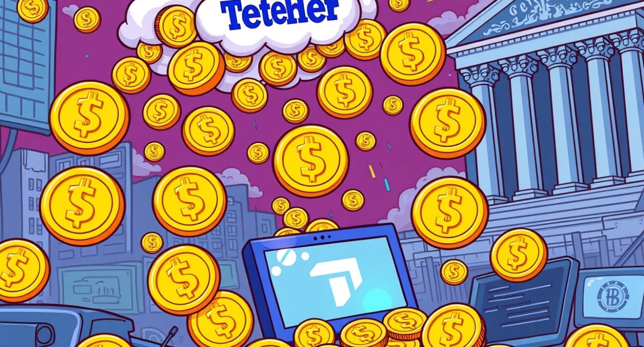 A cartoon illustration showing a surge in Tether USDT issuance, symbolizing increased demand for digital assets after a Fed rate cut.