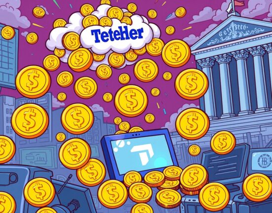 A cartoon illustration showing a surge in Tether USDT issuance, symbolizing increased demand for digital assets after a Fed rate cut.