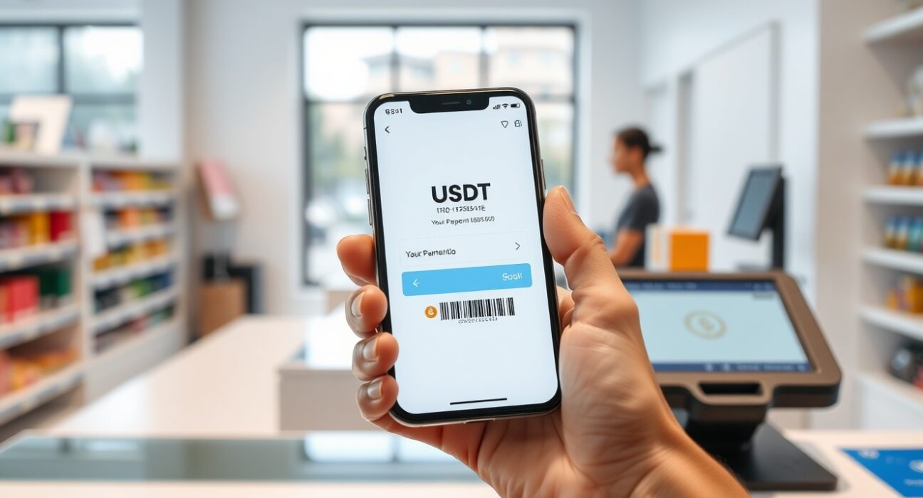 Smartphone displaying USDT payment at a retail checkout counter