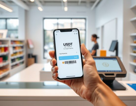 Smartphone displaying USDT payment at a retail checkout counter