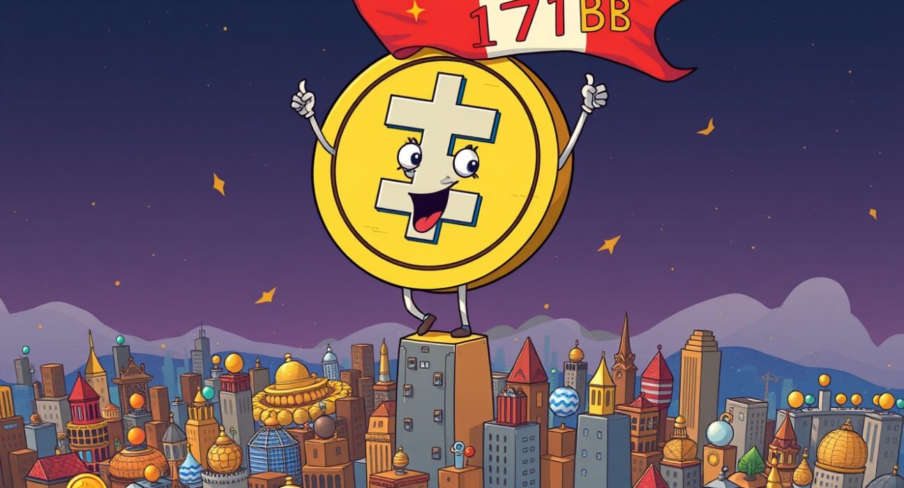 Cartoon illustration depicting the monumental growth of Tether USDT supply, showcasing its new all-time high in the crypto market.