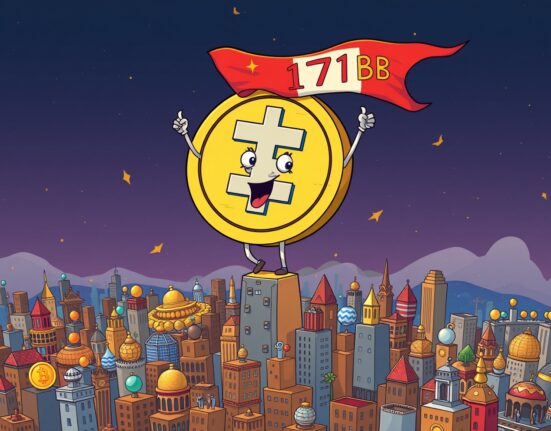 Cartoon illustration depicting the monumental growth of Tether USDT supply, showcasing its new all-time high in the crypto market.