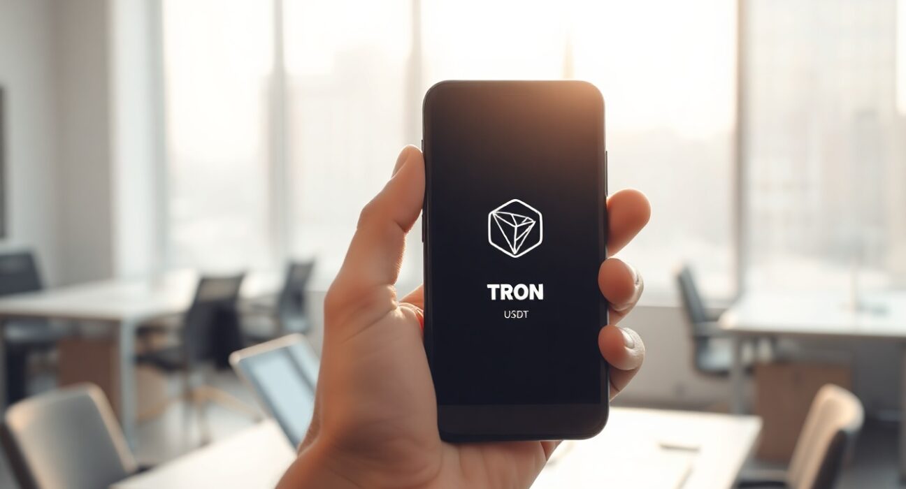 Tether Wallet app interface showing Tron network support and USDT balance on a smartphone