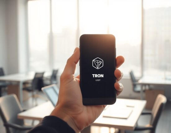Tether Wallet app interface showing Tron network support and USDT balance on a smartphone