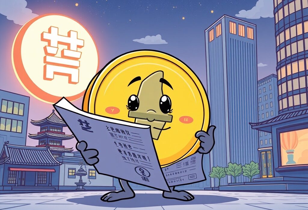 A cartoon Tether character diligently reviews documents for a potential won-based stablecoin project in South Korea.