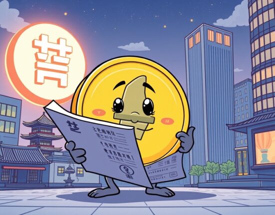 A cartoon Tether character diligently reviews documents for a potential won-based stablecoin project in South Korea.