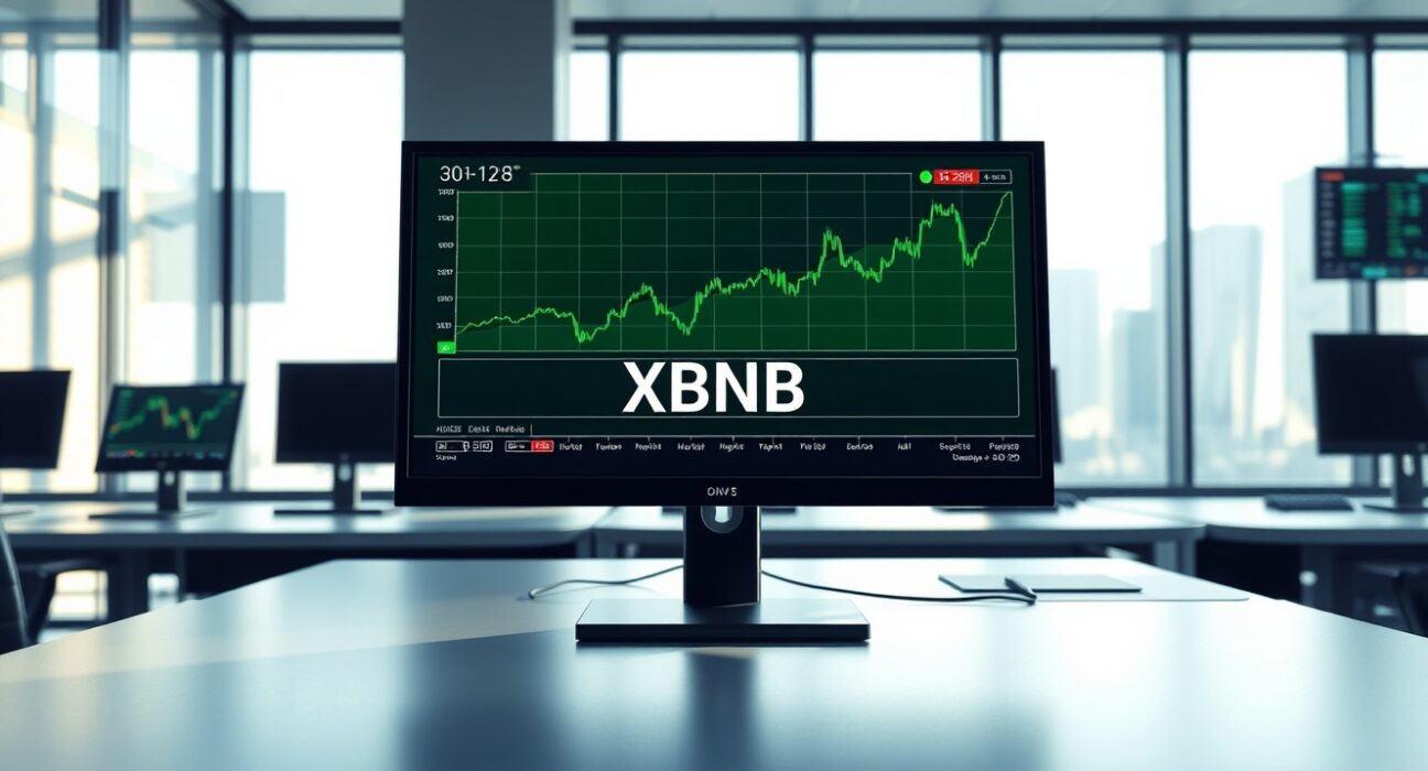 Teucrium 2x long BNB futures ETF trading monitor showing XBNB ticker and bullish chart