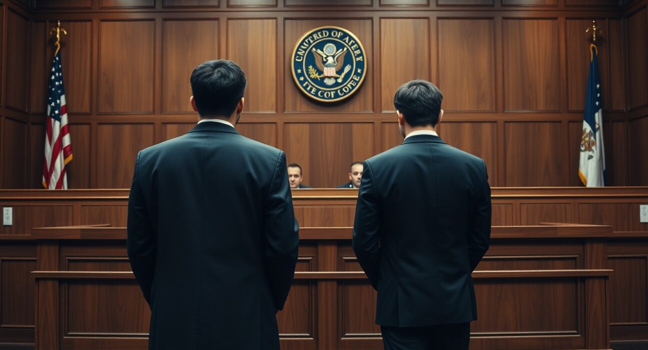 Two men in suits standing in a courtroom before a judge, pleading guilty to an $8 million cryptocurrency robbery.