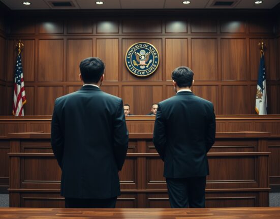 Two men in suits standing in a courtroom before a judge, pleading guilty to an $8 million cryptocurrency robbery.