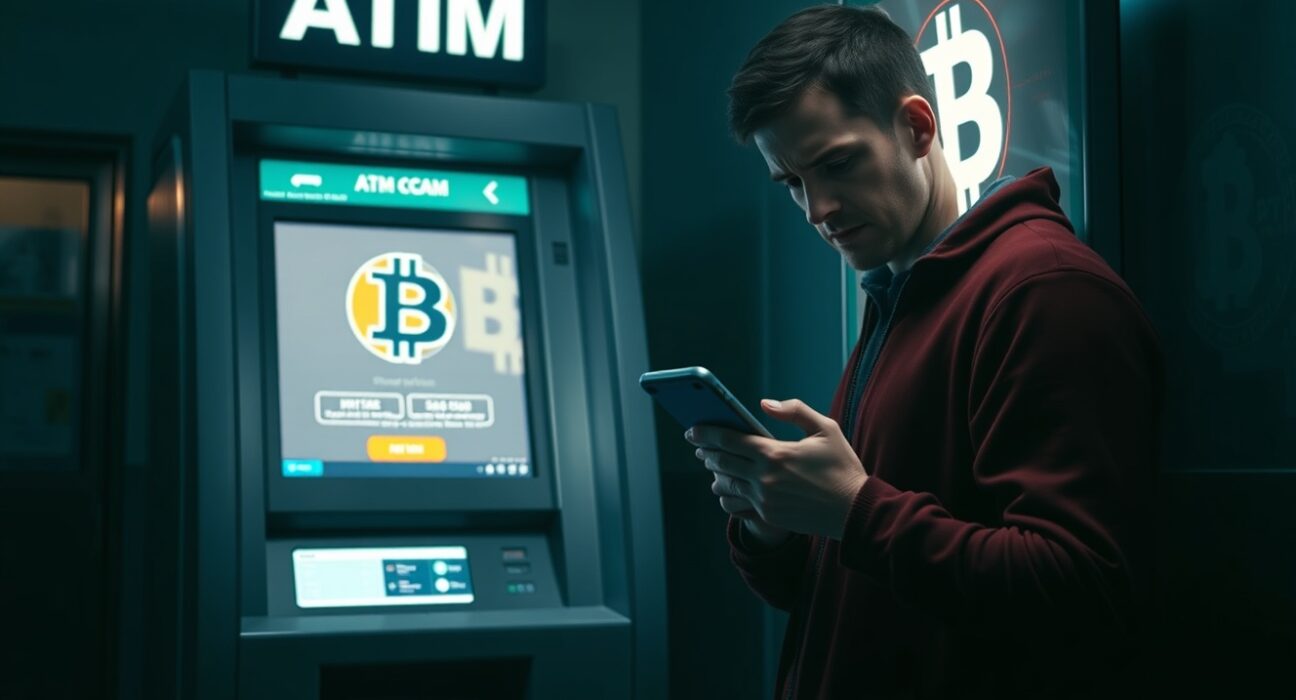 Person using a cryptocurrency ATM with a concerned expression, illustrating crypto scam risks.