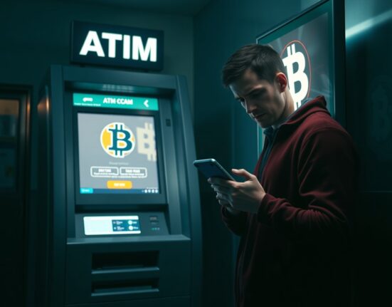Person using a cryptocurrency ATM with a concerned expression, illustrating crypto scam risks.