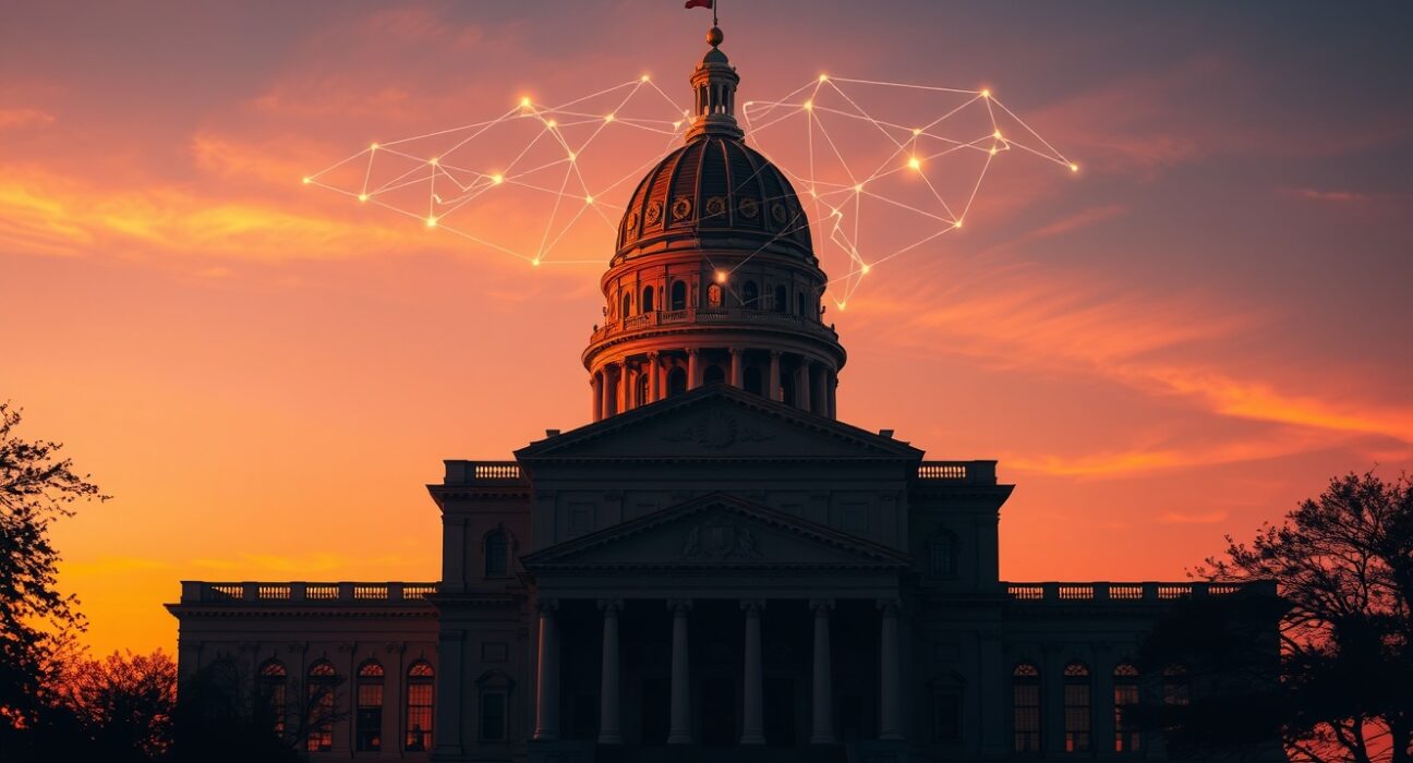 Texas State Capitol with a digital blockchain overlay representing new cryptocurrency legislation.