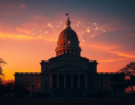 Texas State Capitol with a digital blockchain overlay representing new cryptocurrency legislation.