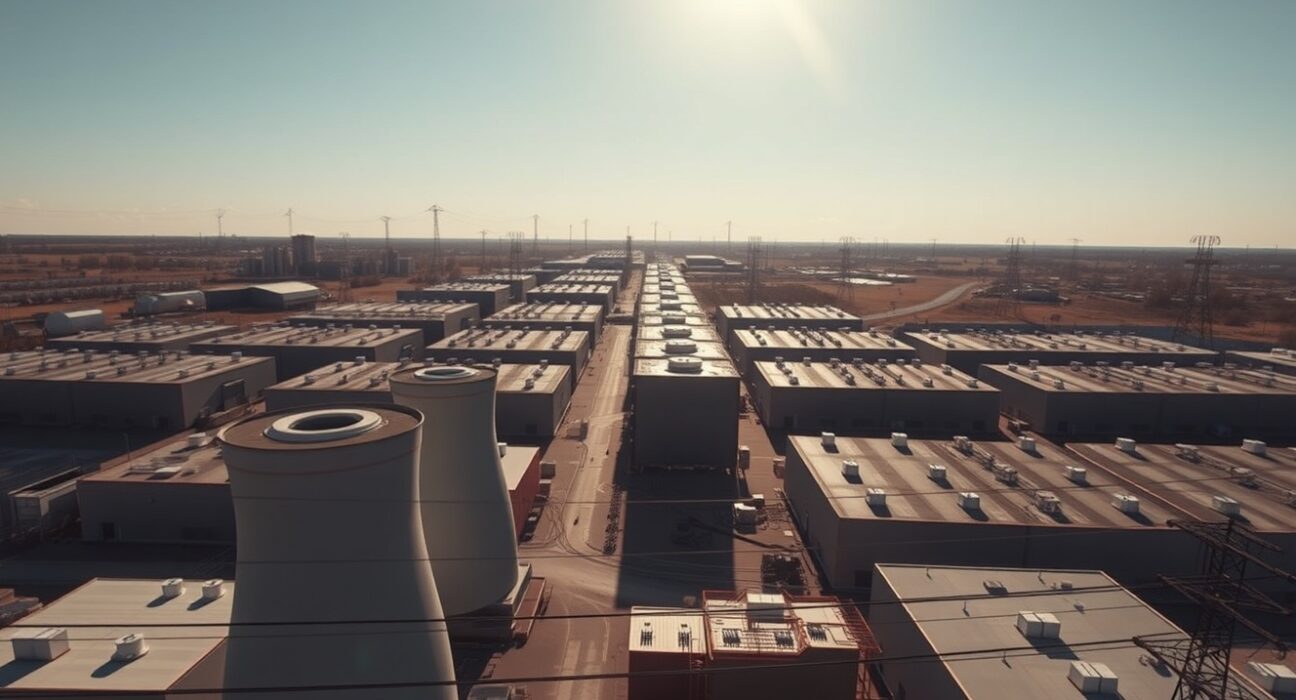 Data center buildings in Texas under a clear sky, with power lines and cooling towers visible.