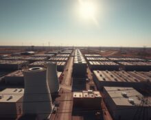 Data center buildings in Texas under a clear sky, with power lines and cooling towers visible.