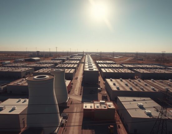 Data center buildings in Texas under a clear sky, with power lines and cooling towers visible.