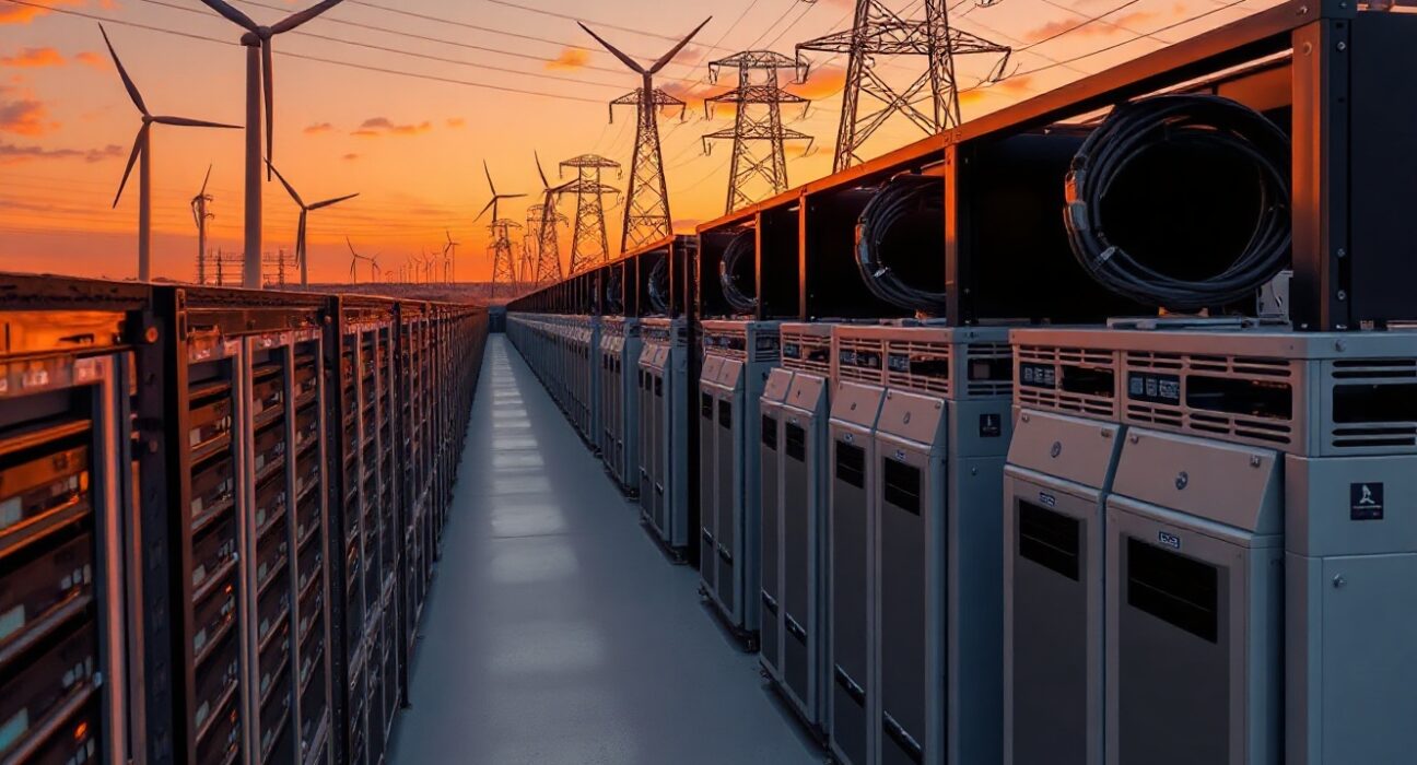 Bitcoin mining facility with servers and power infrastructure in Texas at sunset