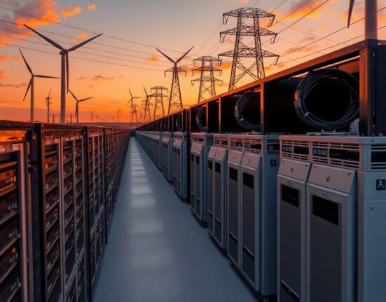 Bitcoin mining facility with servers and power infrastructure in Texas at sunset