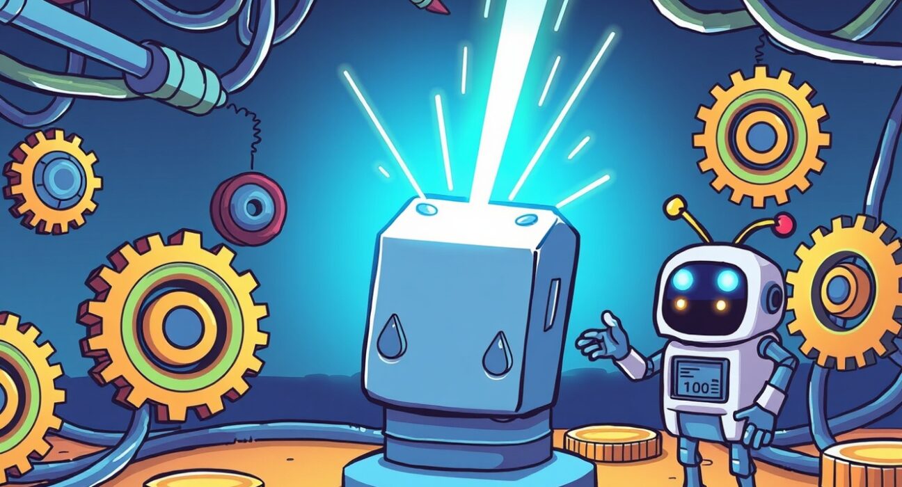 Cartoon illustration of a cryptocurrency exchange robot overseeing a smooth Tezos network upgrade process.