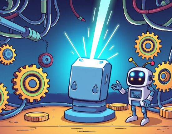 Cartoon illustration of a cryptocurrency exchange robot overseeing a smooth Tezos network upgrade process.