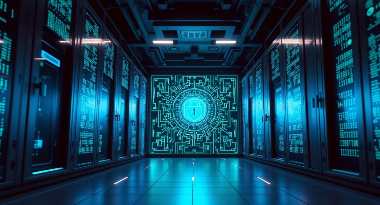 Futuristic holographic blockchain node representing quantum-resistant security on Tezos testnet