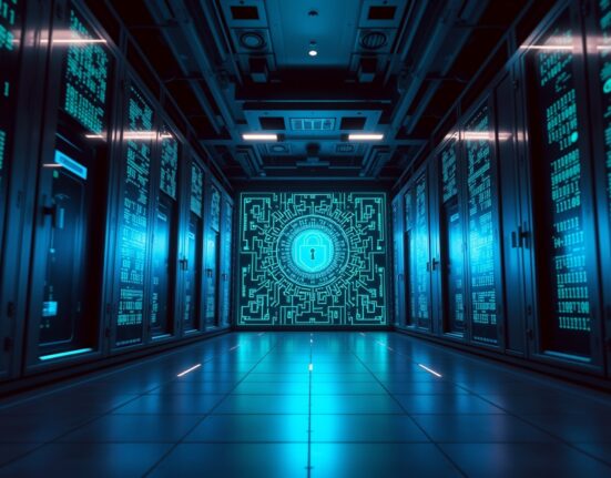 Futuristic holographic blockchain node representing quantum-resistant security on Tezos testnet