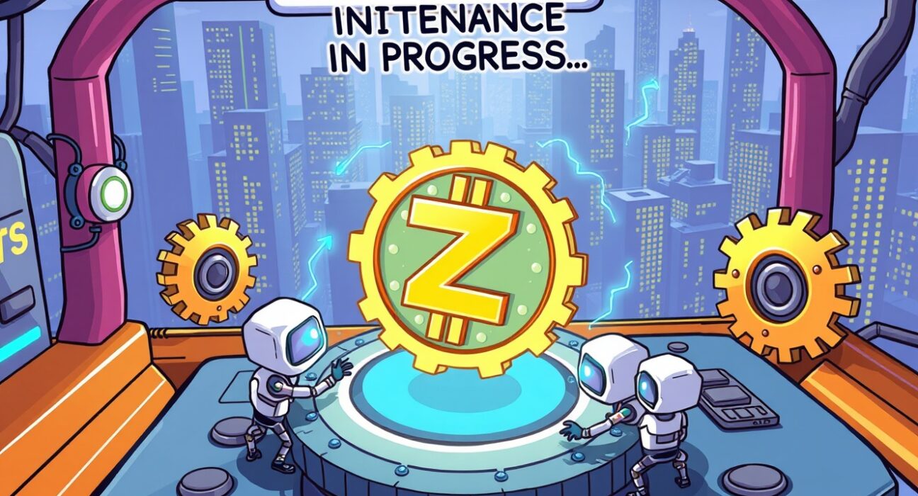 Cartoon robots perform maintenance on a crypto exchange for a Tezos XTZ network upgrade.