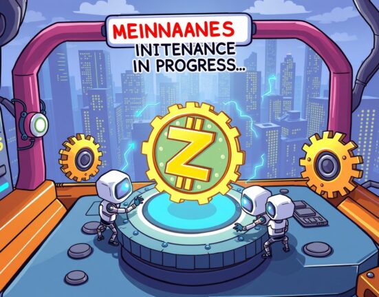 Cartoon robots perform maintenance on a crypto exchange for a Tezos XTZ network upgrade.