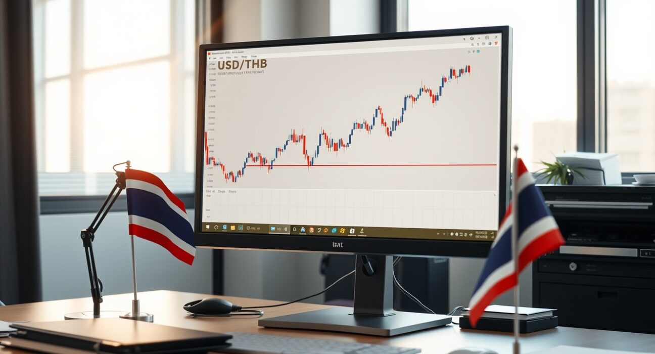 Analyst desk with USD/THB chart and Thai flag, representing Commerzbank's Thai Baht analysis.
